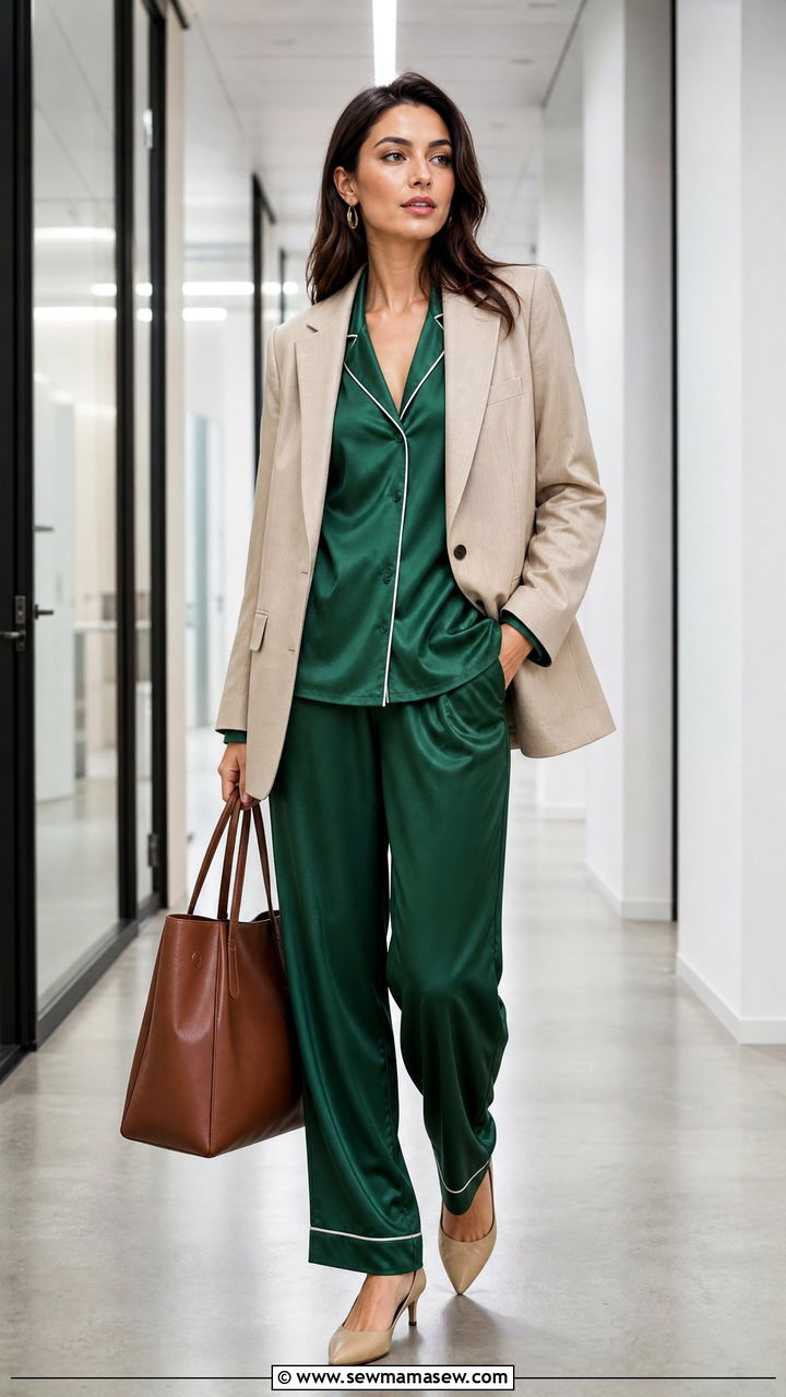 Satin Pajama Set With Tailored Blazer For Work - 25 Classic pajama set outfit ideas