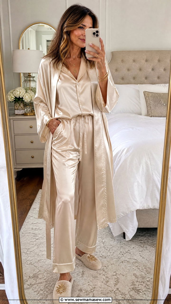 Satin Pajama Set with Kimono Outfit - 35 Loungewear outfit ideas for women over 40