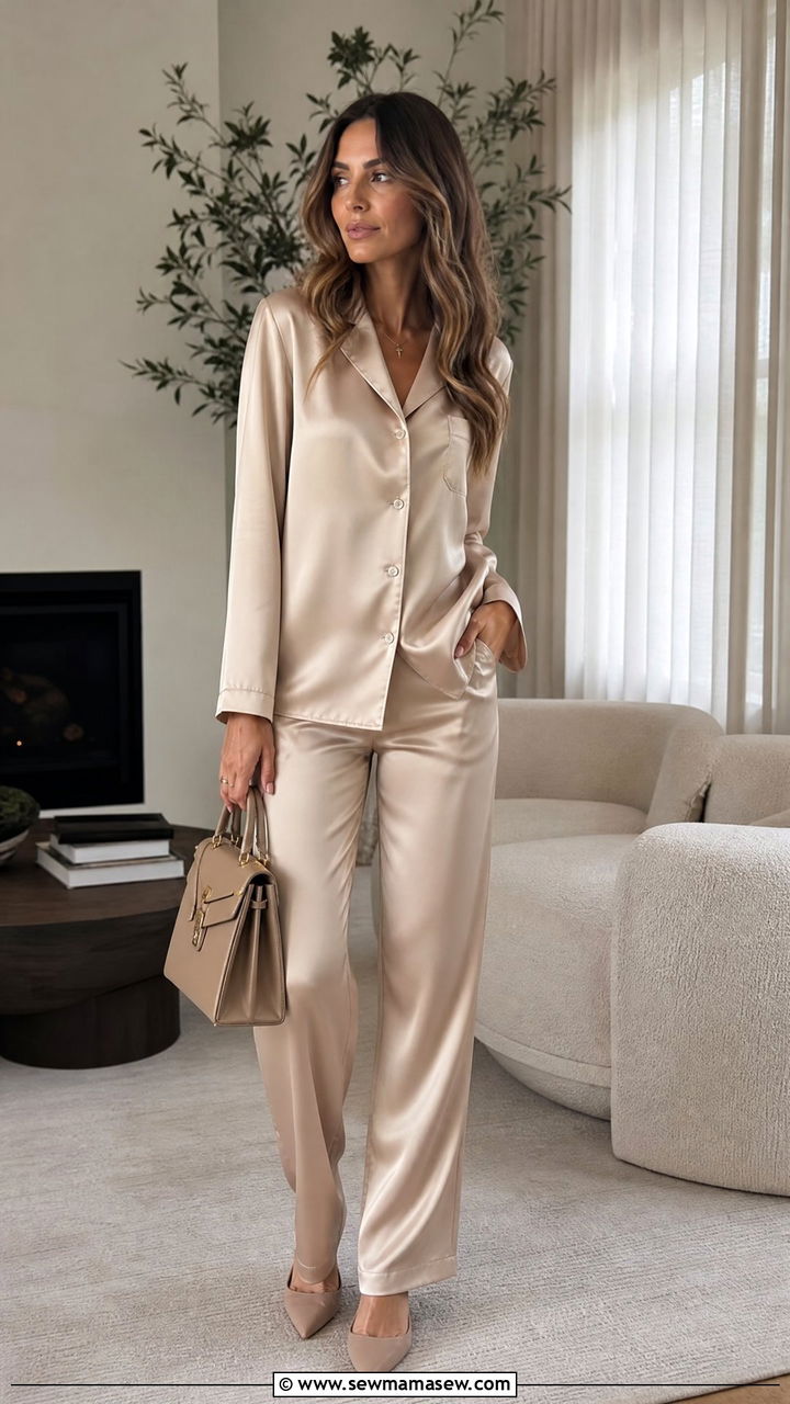 Satin Pajama Style Shirt and Pants Matching Set - 20 matching set outfits 2026
