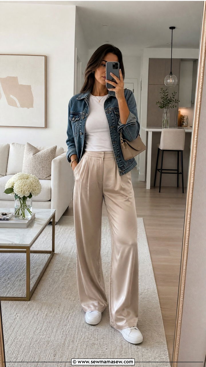 Satin Pants With Denim Jacket Outfit - 25 casual elegant outfits