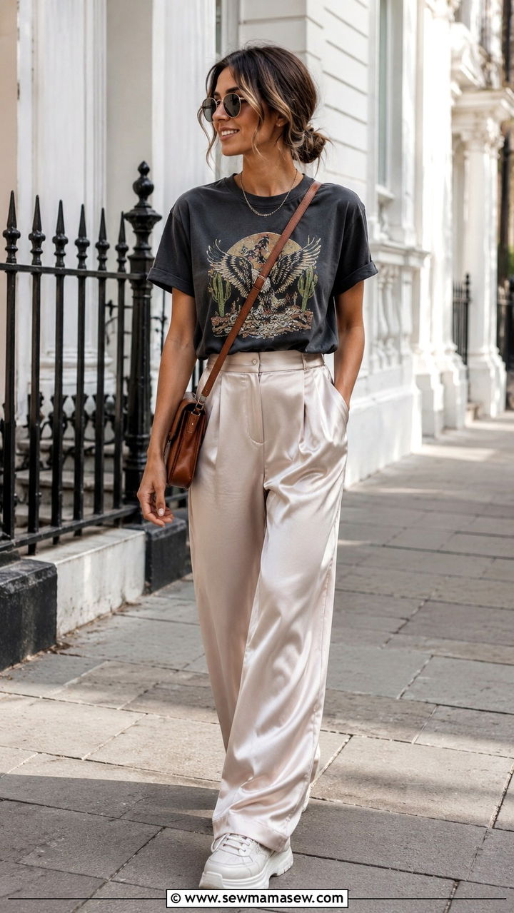 Satin Pants With Graphic Tee Outfit - 25 Satin loungewear outfit ideas