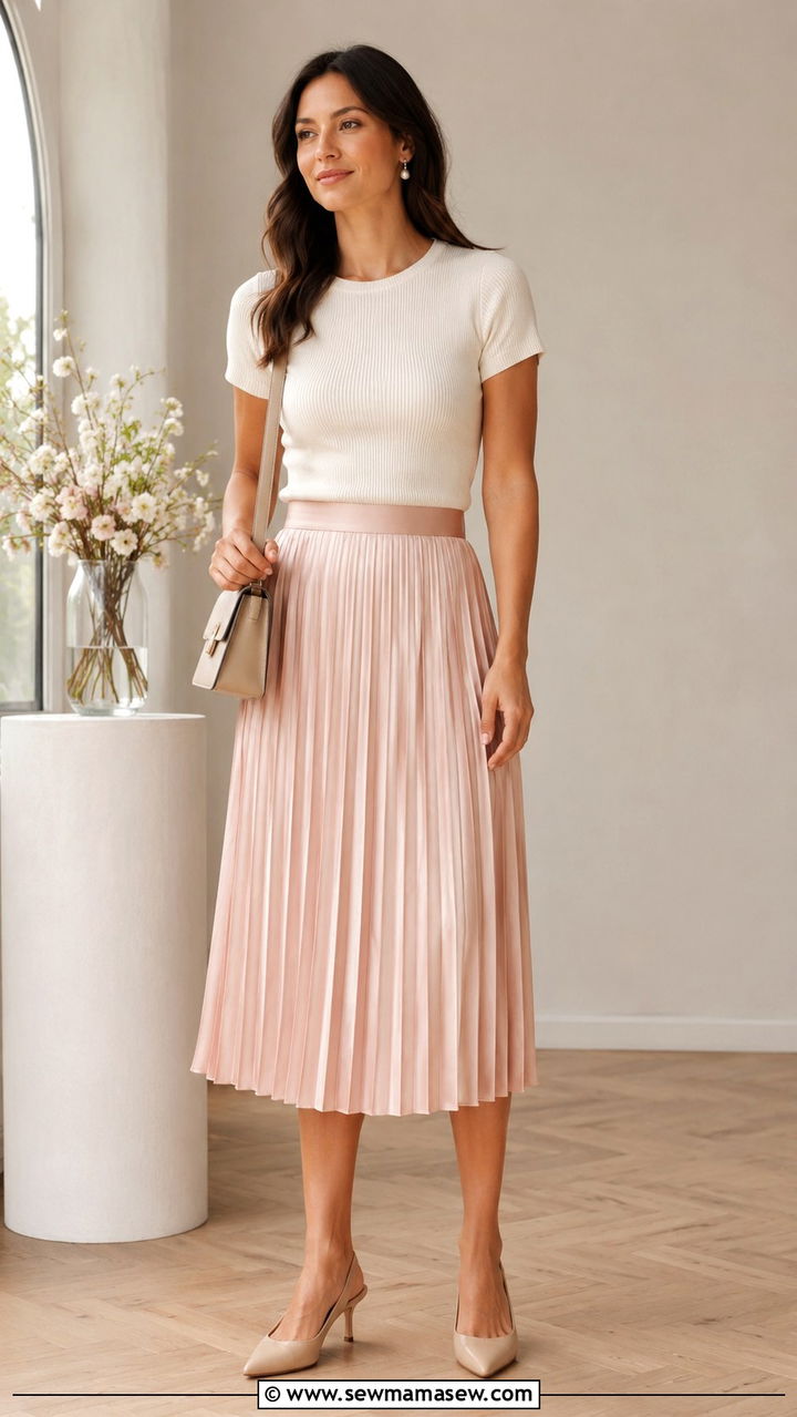 Satin Pleated Midi Skirt and Knit Top Outfit - 30 Spring work capsule wardrobe
