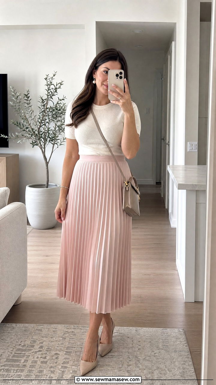 Satin Pleated Midi Skirt and Knit Top Outfit - 40 Spring office outfits