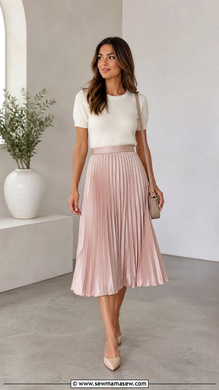 Satin Pleated Midi Skirt with Knit Top - 40 Spring work outfits