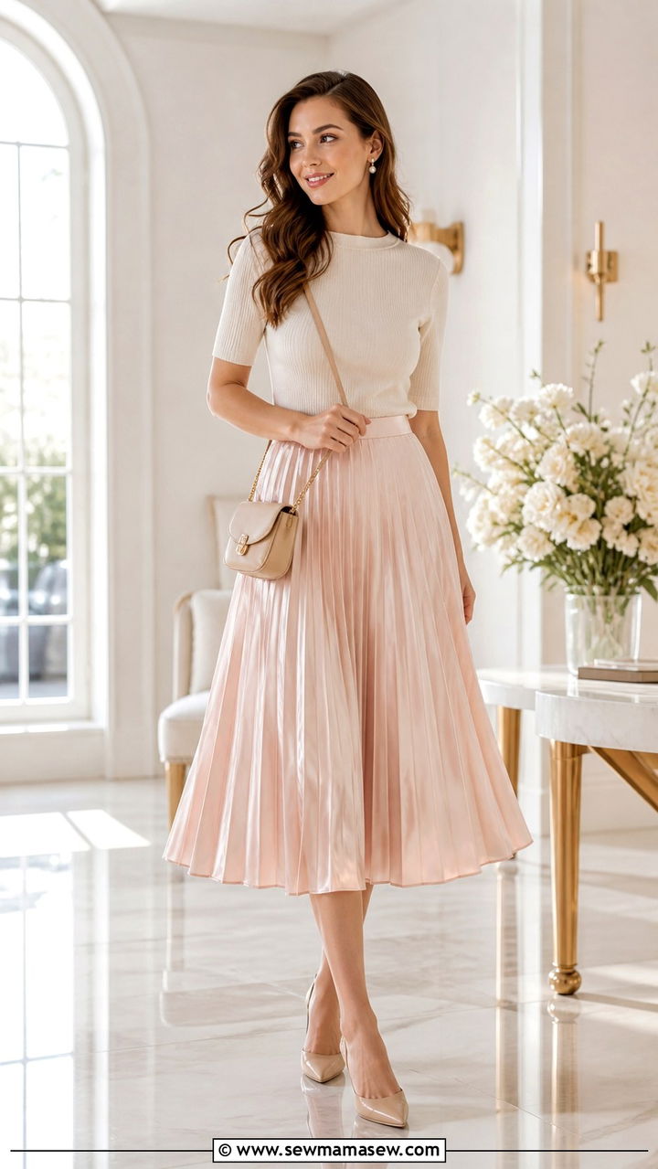 Satin Pleated Midi Skirt with Knit Top - 40 cute work outfits