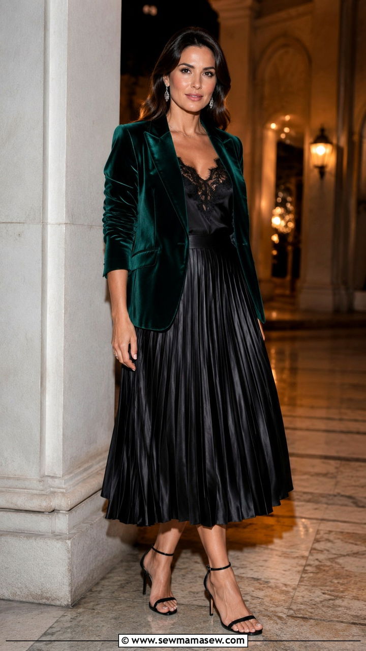 Satin Pleated Skirt With Velvet Blazer And Heeled Sandals - 30 Pleated skirt outfit ideas with a blazer