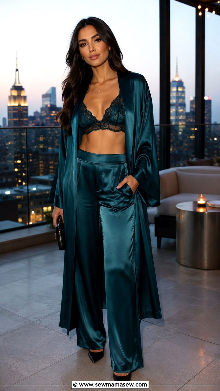 Satin Robe With Bralette And Wide Leg Trousers - 20 Robe outfit ideas 2026