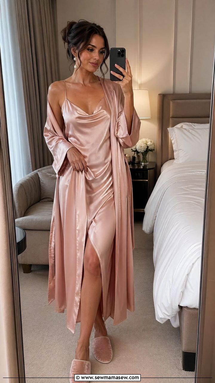Satin Robe and Slip Dress Lounge Outfit - 35 Elegant loungewear outfit ideas