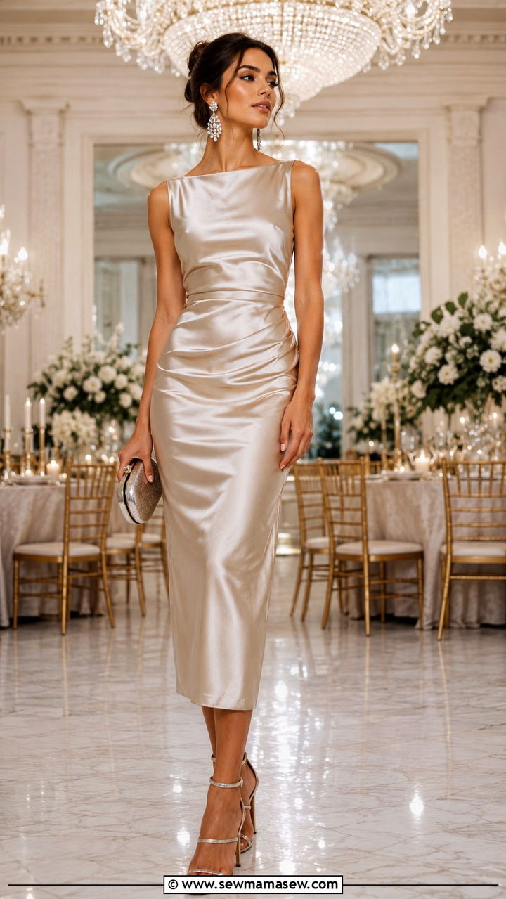 Satin Sheath Dress With Statement Earrings Outfit - 20 Wedding guest outfit ideas sheath dress