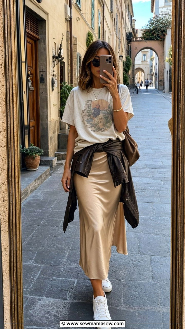 Satin Skirt Graphic Tee and Sneakers - 25 Spring week in Italy outfits