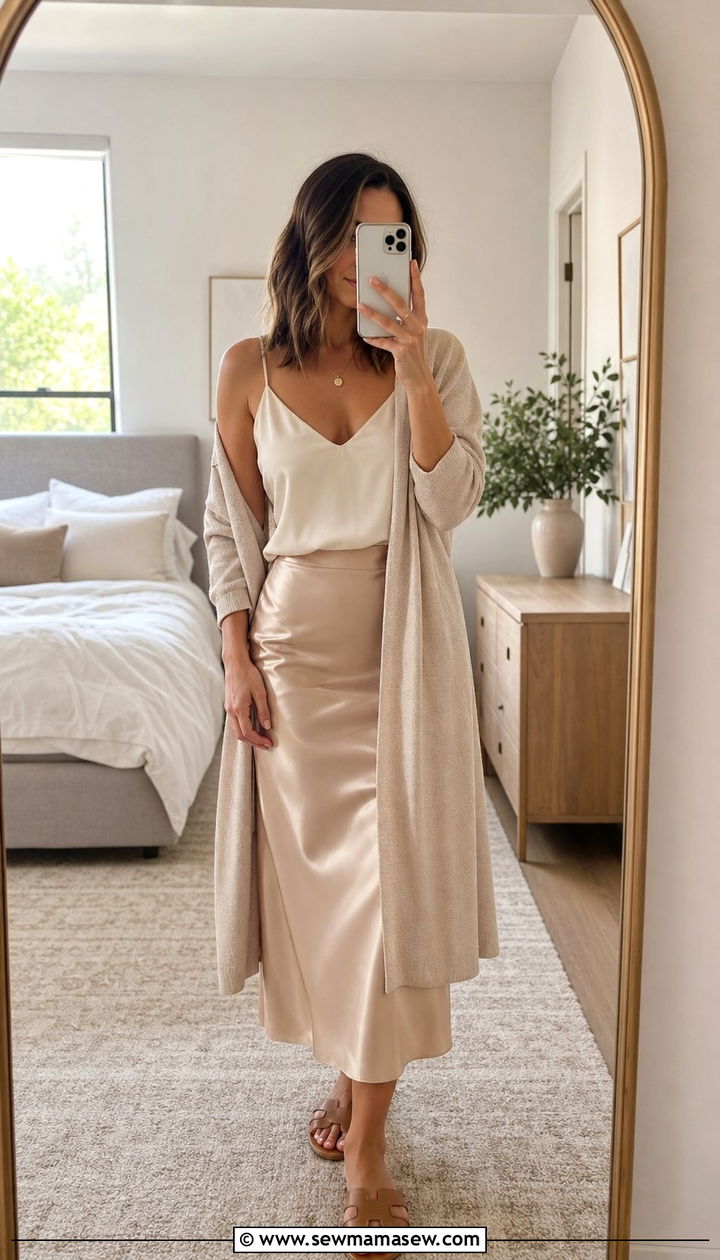 Satin Skirt With Camisole And Lightweight Cardigan - 25 spring satin skirt outfit ideas