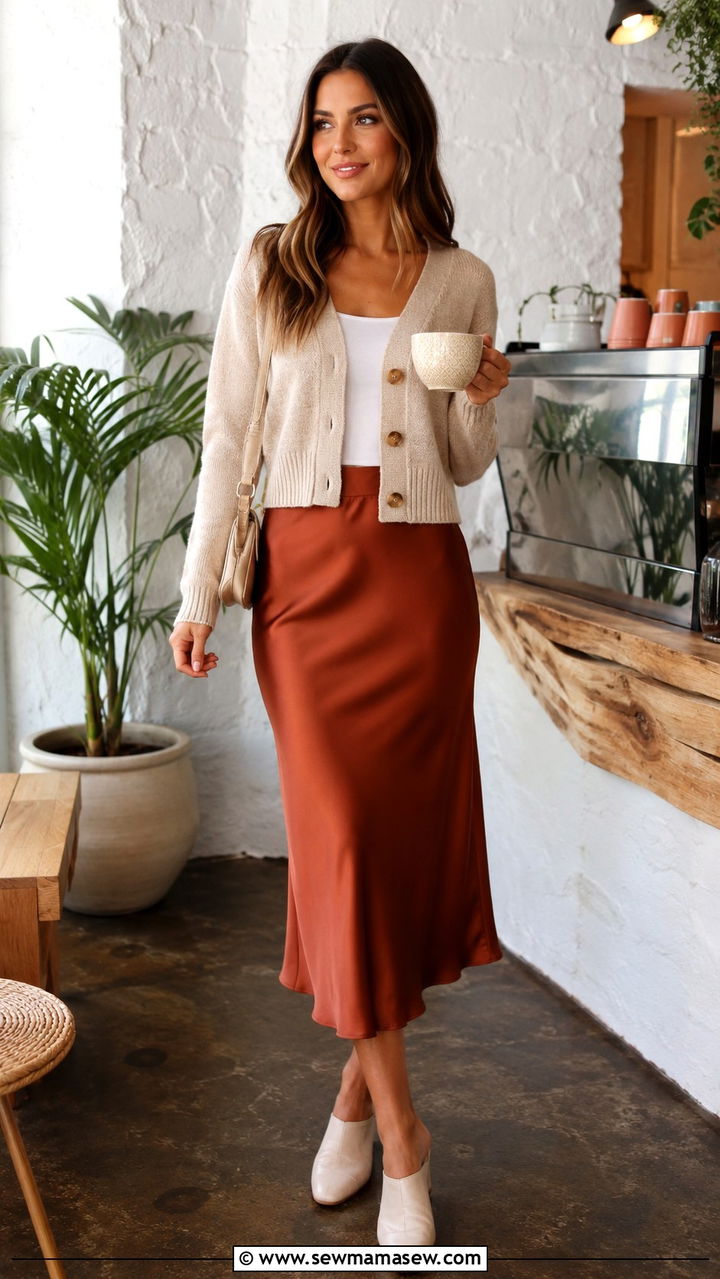 Satin Skirt With Cardigan and Mules - 30 how to style satin skirt