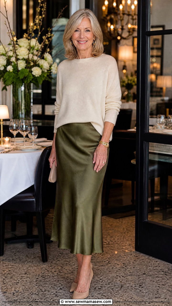 Satin Skirt With Cashmere Sweater For Women Over 60 - 30 Going out outfit ideas women over 60