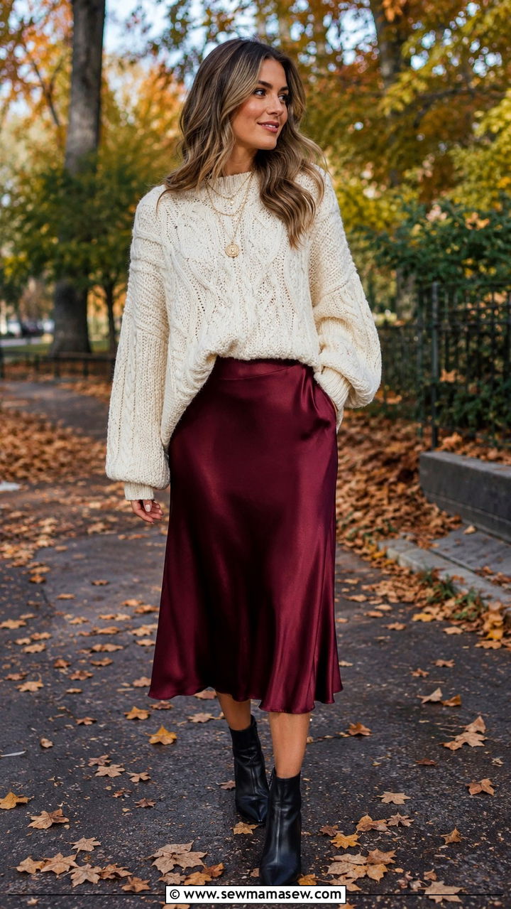 Satin Skirt With Chunky Knit Sweater and Ankle Boots - 30 how to style satin skirt