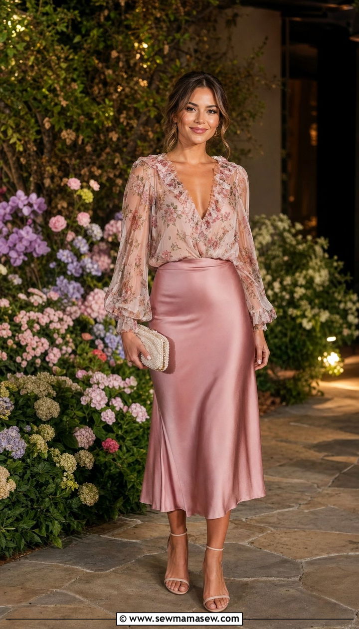 Satin Skirt With Floral Blouse And Strappy Heels - 25 spring satin skirt outfit ideas