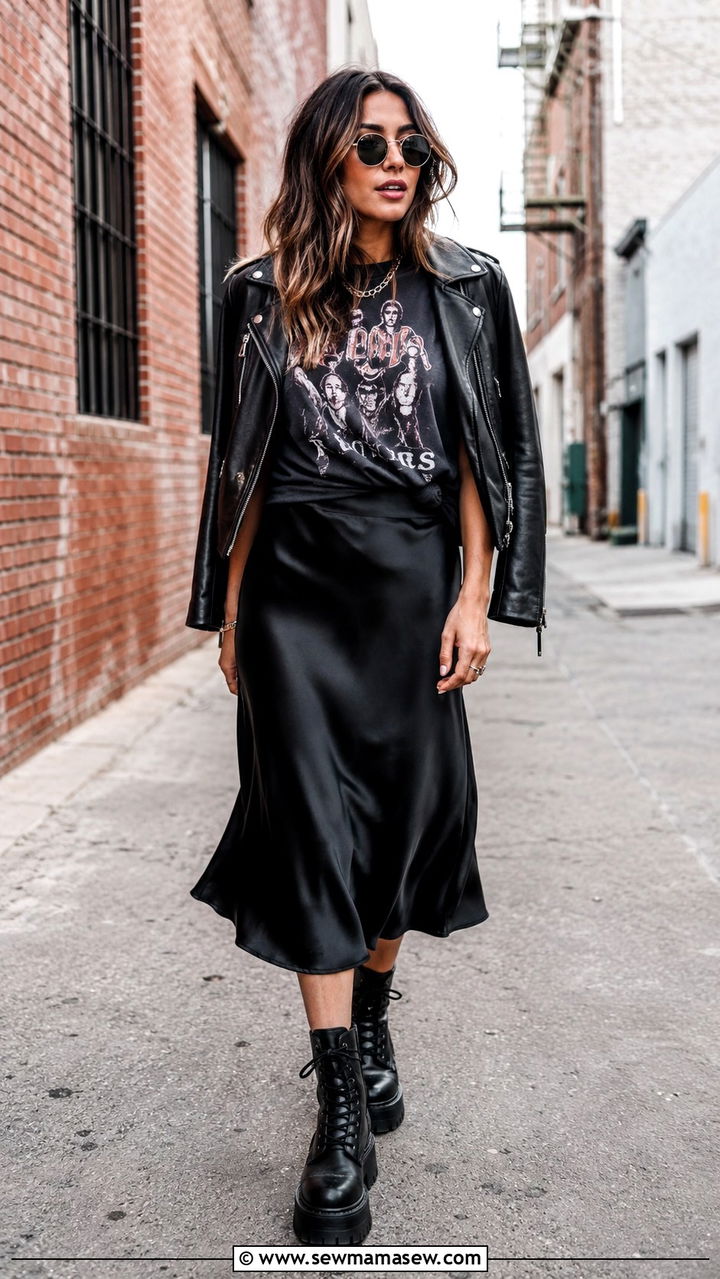 Satin Skirt With Graphic Tee and Combat Boots - 30 how to style satin skirt