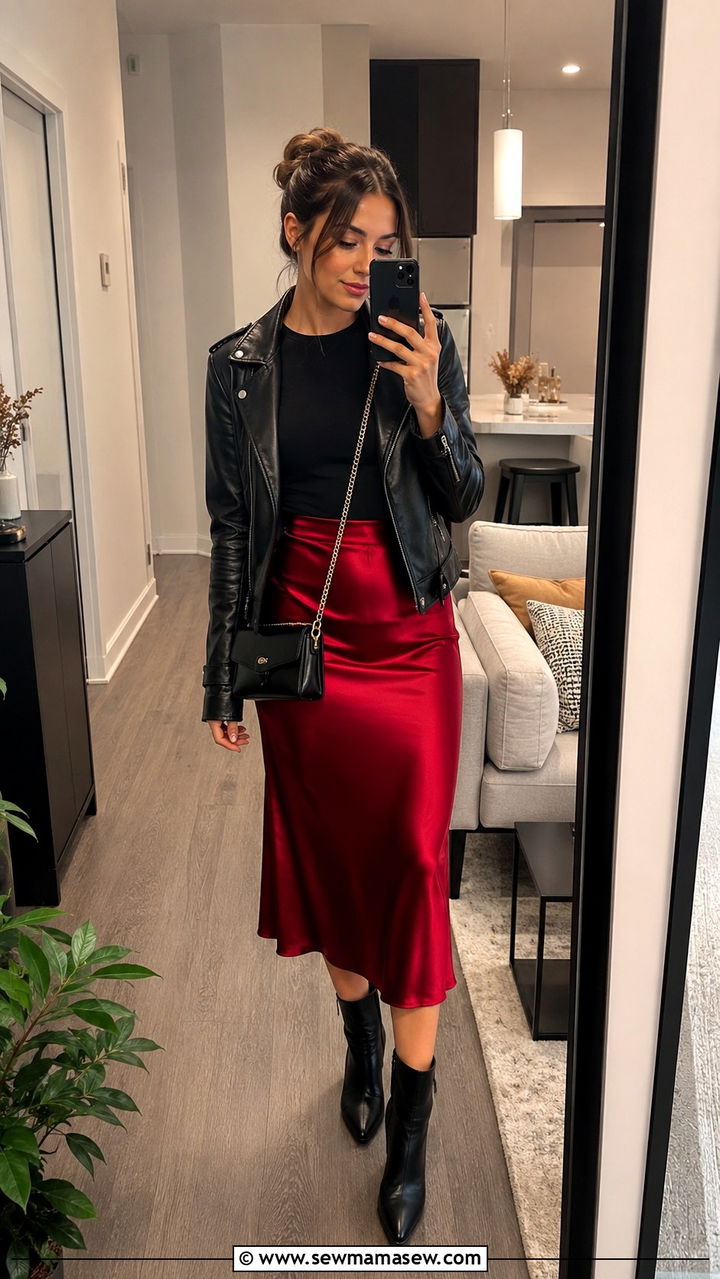 Satin Skirt With Leather Jacket and Fitted Tee - 30 how to style satin skirt