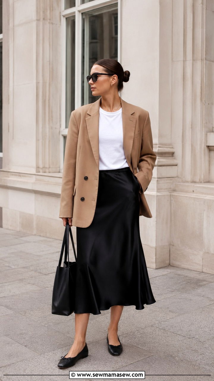 Satin Skirt With Oversized Blazer and Ballet Flats - 30 how to style satin skirt