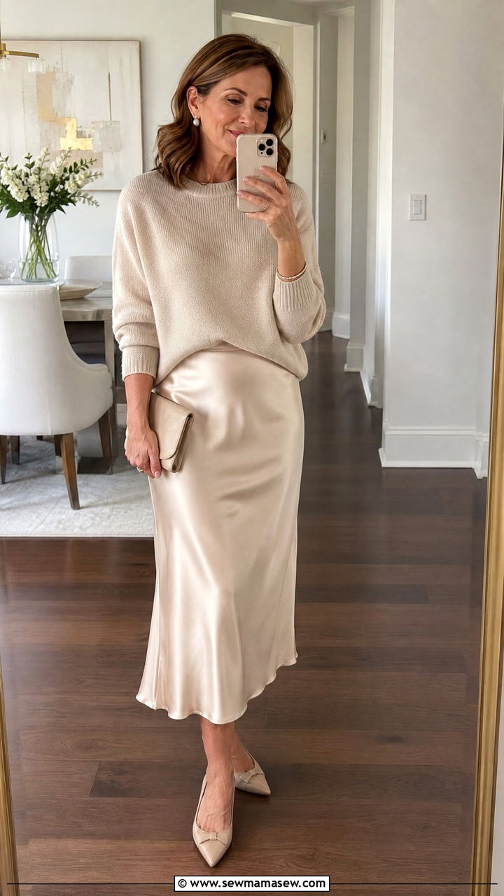 Satin Skirt With Sweater For Graduation - 35 Graduation outfits for women over 40