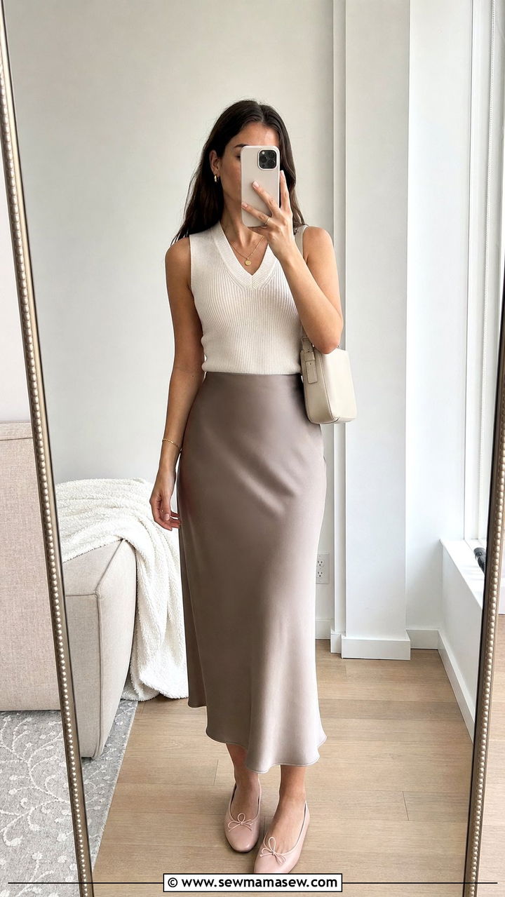 Satin Skirt With Sweater Vest And Ballet Flats - 25 spring satin skirt outfit ideas