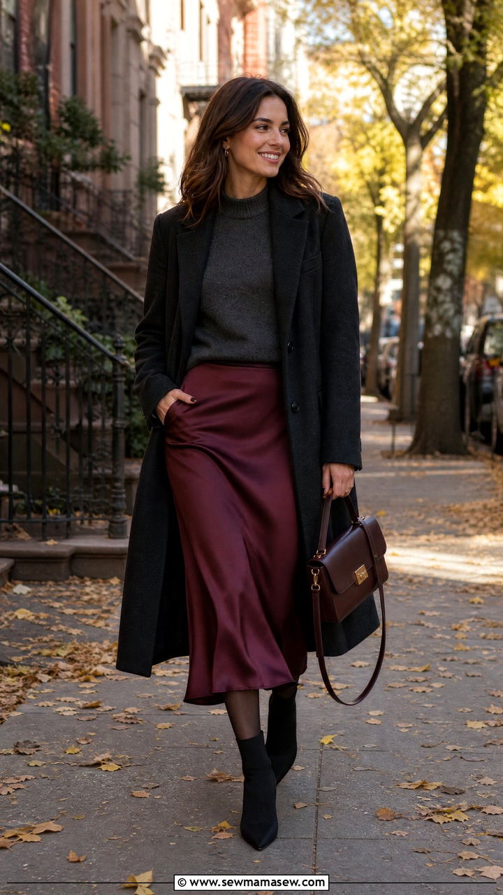 Satin Skirt with Ankle Boots Outfit - 40 satin skirt outfit ideas