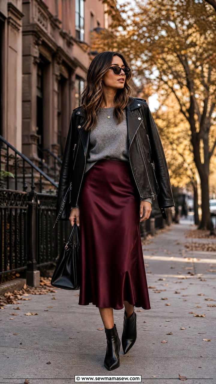 Satin Skirt with Ankle Boots - 25 chic satin skirt outfit ideas