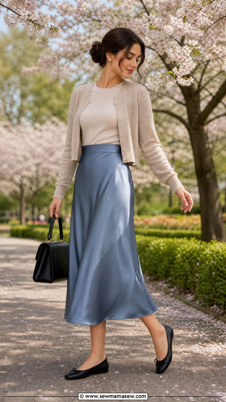 Satin Skirt with Ballet Flats Outfit - 40 satin skirt outfit ideas