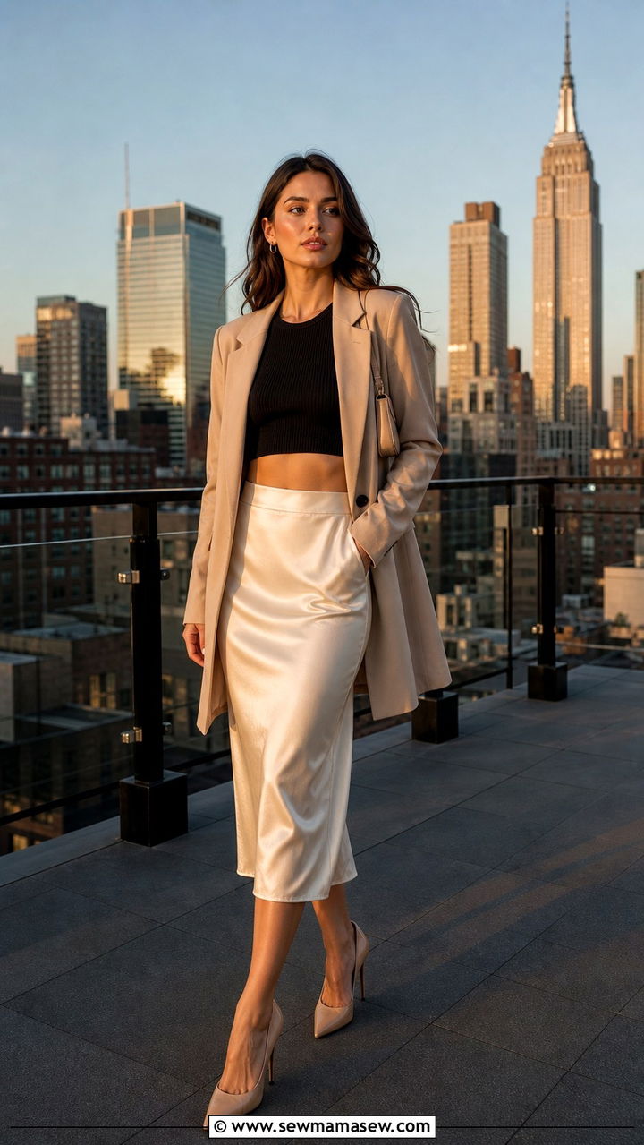 Satin Skirt with Bodysuit and Heels - 40 satin skirt outfit ideas
