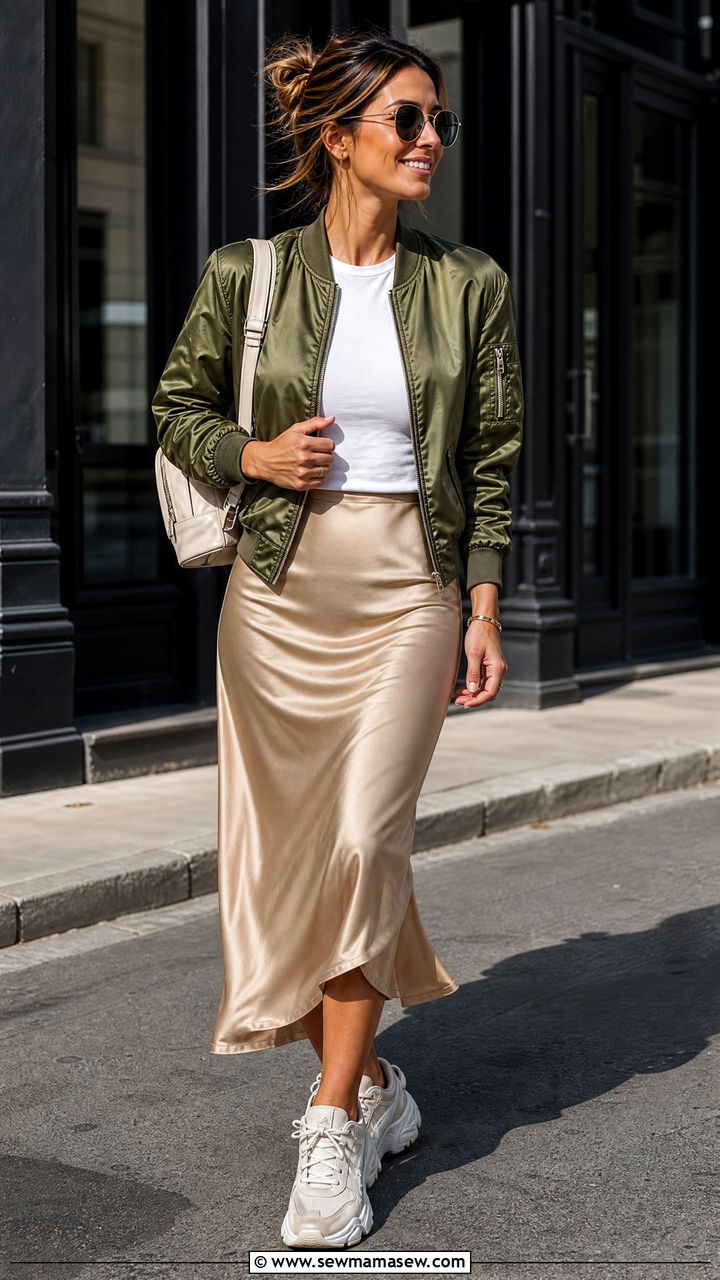 Satin Skirt with Bomber Jacket - 25 chic satin skirt outfit ideas