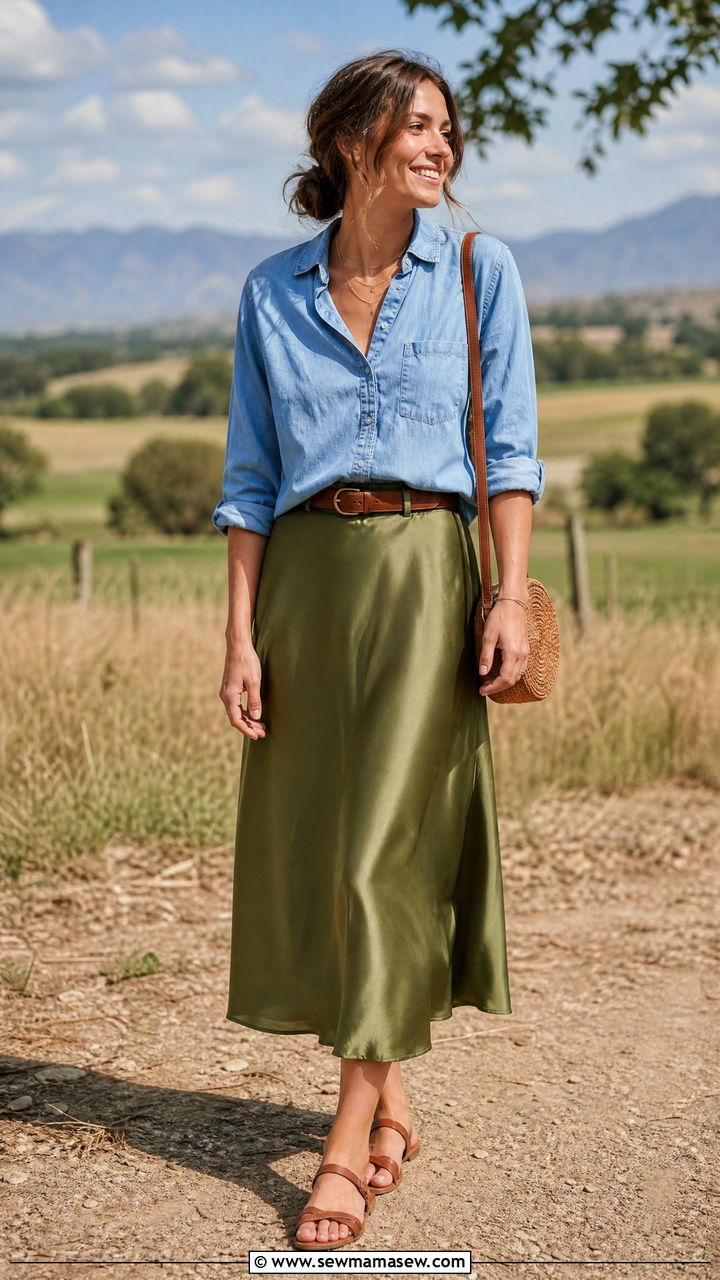 Satin Skirt with Chambray Shirt Outfit - 40 satin skirt outfit ideas