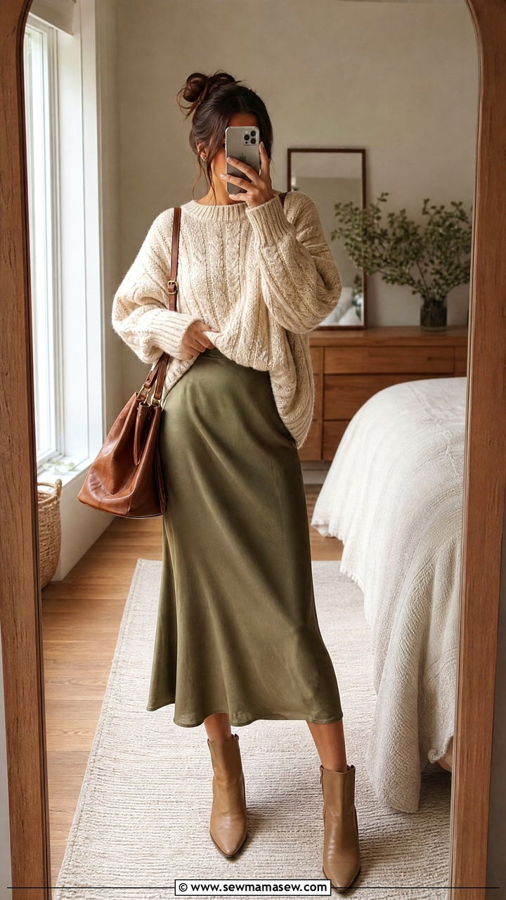 Satin Skirt with Chunky Knit Sweater - 25 chic satin skirt outfit ideas