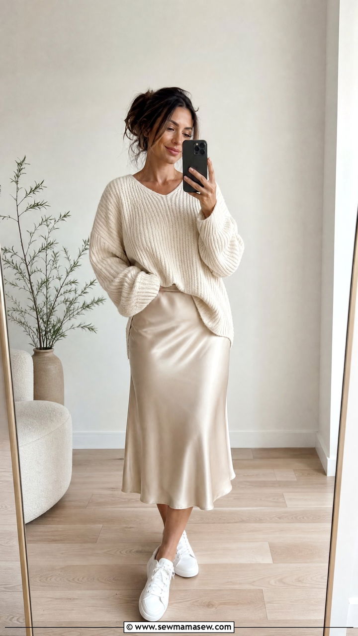 Satin Skirt with Chunky Knit and White Sneakers - 25 Hot mom outfit ideas