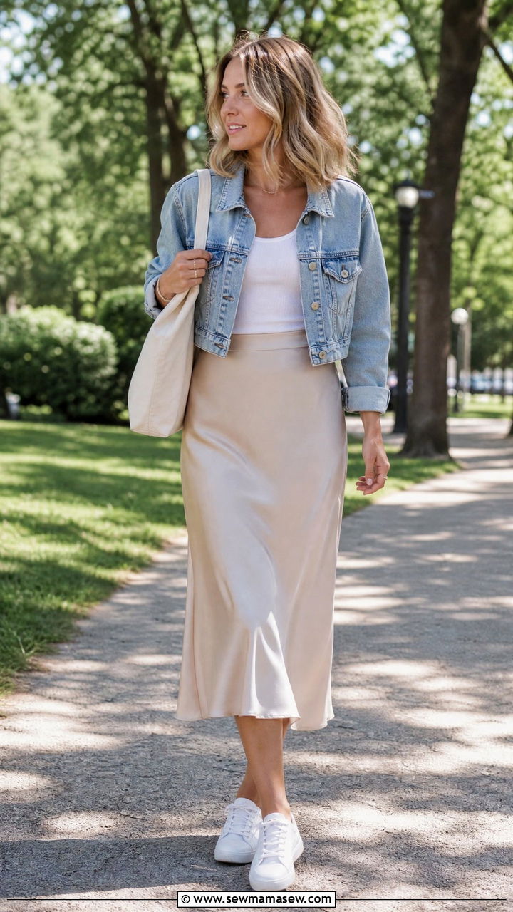Satin Skirt with Denim Jacket - 25 chic satin skirt outfit ideas