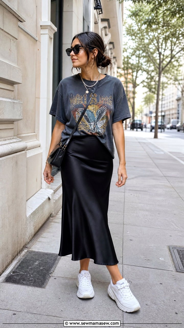 Satin Skirt with Graphic Tee and Sneakers - 25 chic satin skirt outfit ideas
