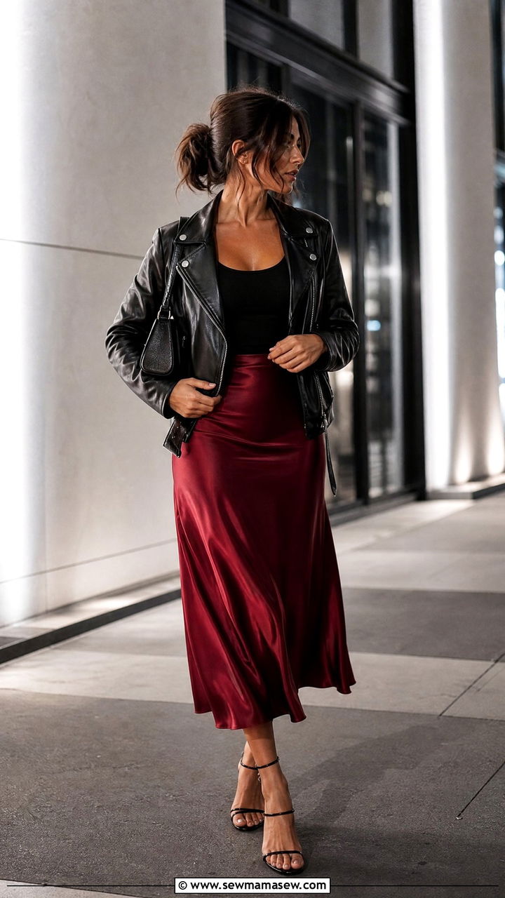 Satin Skirt with Leather Jacket - 25 chic satin skirt outfit ideas