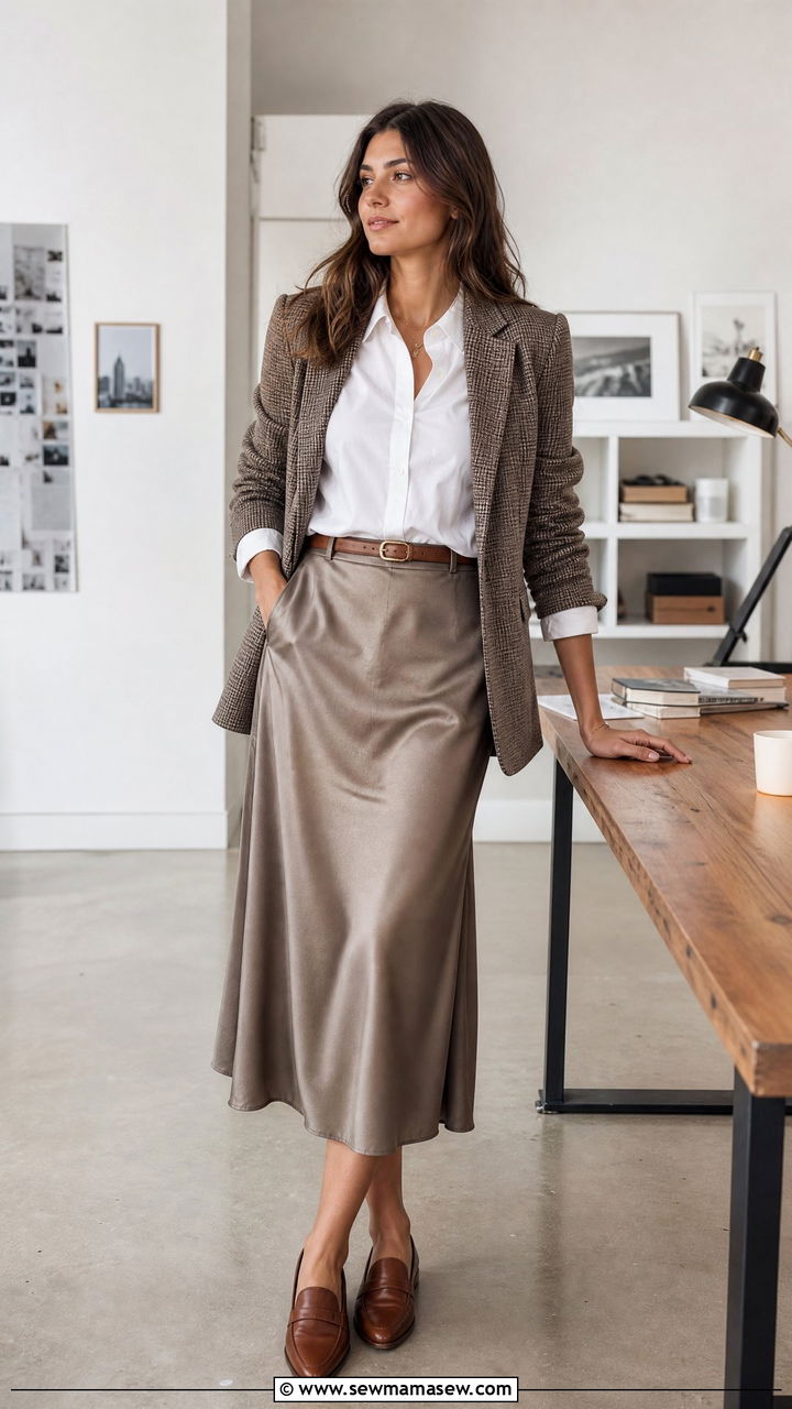 Satin Skirt with Loafers - 25 chic satin skirt outfit ideas