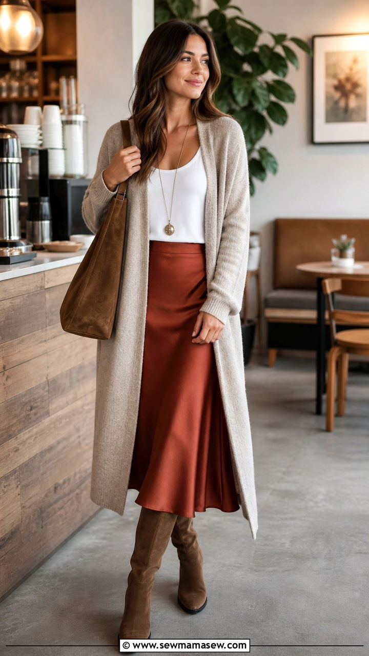 Satin Skirt with Long Cardigan Outfit - 40 satin skirt outfit ideas