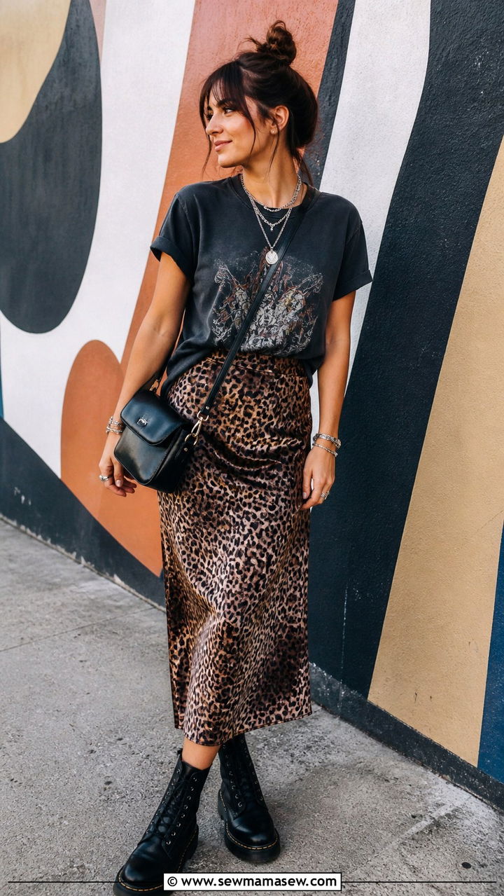 Satin Skirt with Vintage Band Tee Outfit - 40 satin skirt outfit ideas