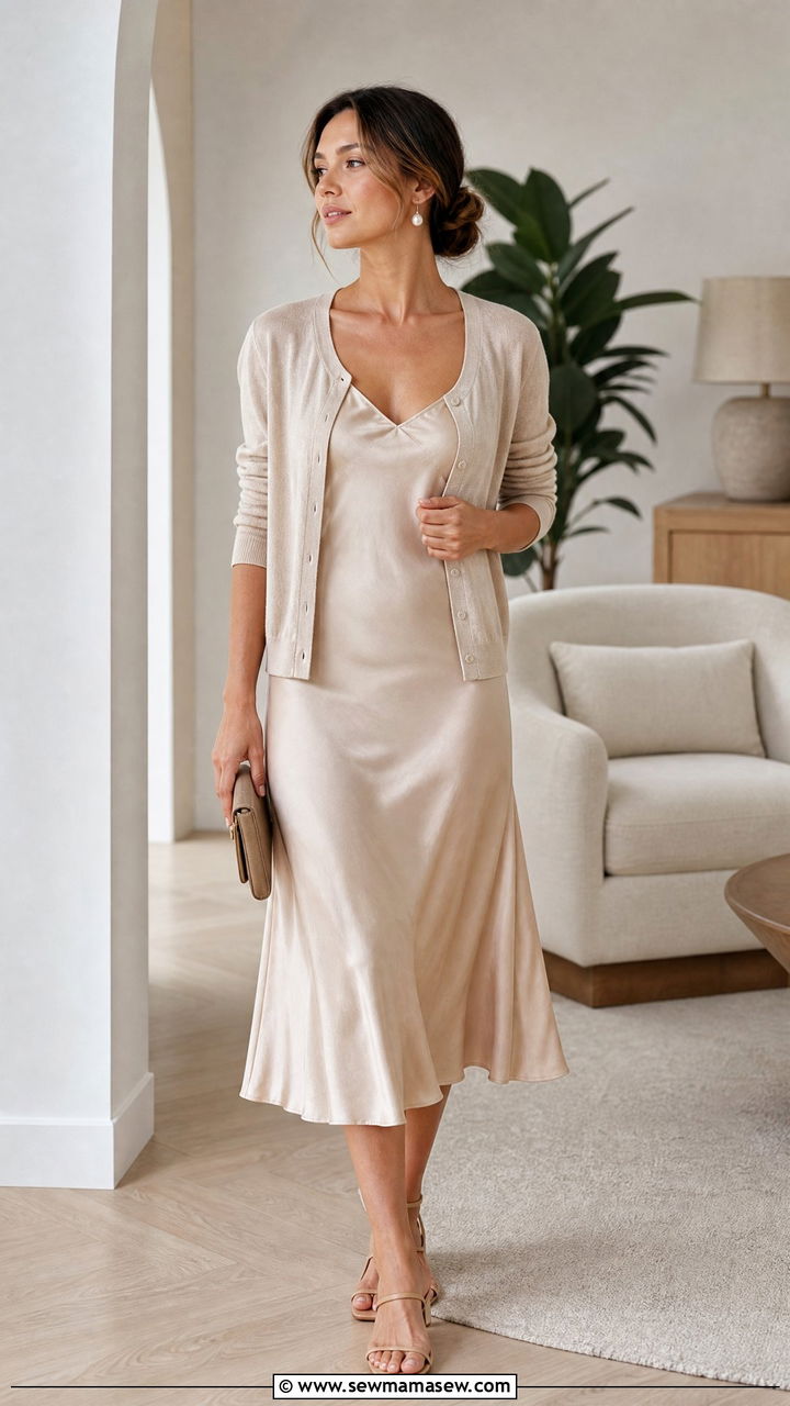 Satin Slip Dress And Lightweight Cardigan - 30 summer quiet luxury outfit ideas