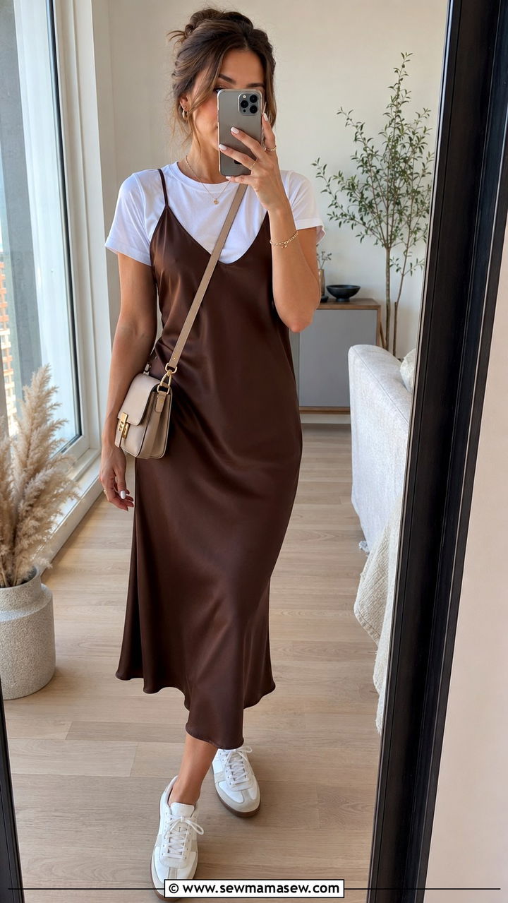Satin Slip Dress Layered Over White Tee - 25 What to wear in summer 2026