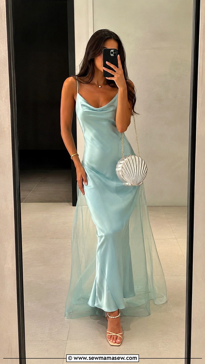 Satin Slip Dress Outfit In Ocean Hues - 25 Mermaidcore outfit ideas