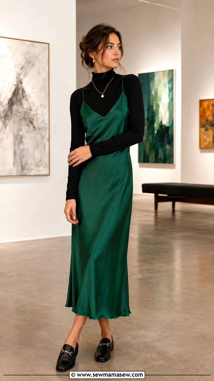 Satin Slip Dress Over Fine Turtleneck With Loafers - 30 Warm day cold night outfits