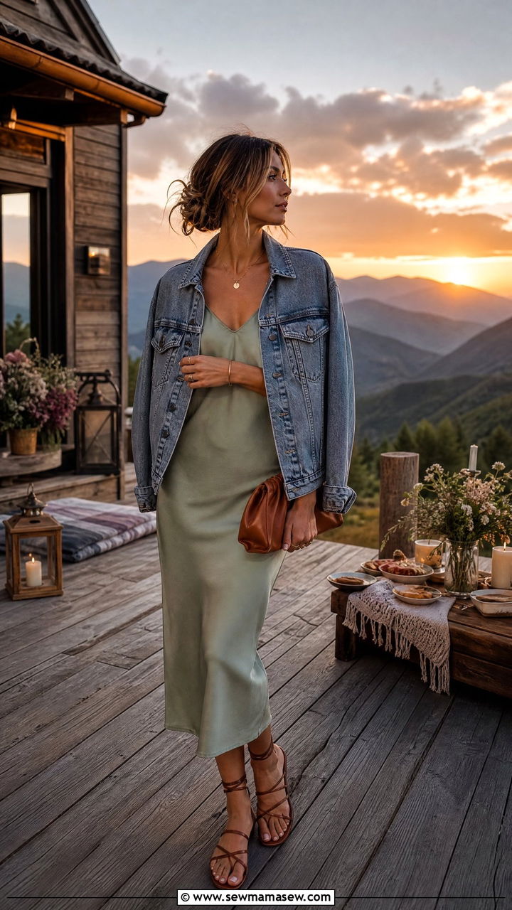 Satin Slip Dress Under An Oversized Denim Jacket - 30 Summer cabin weekend outfits