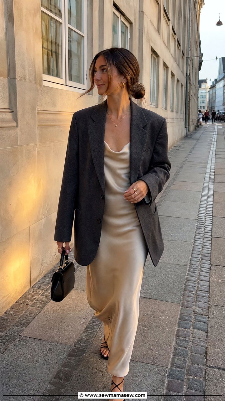 Satin Slip Dress Under Oversized Blazer Outfit - 25 classy Copenhagen outfits