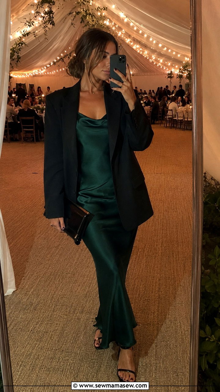 Satin Slip Dress With An Oversized Blazer - 30 Tent wedding guest outfit ideas