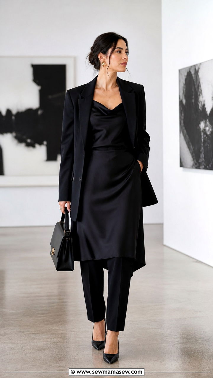 Satin Slip Dress With Blazer And Trousers Layered - 40 Satin slip dress outfit ideas