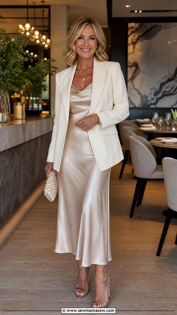 Satin Slip Dress With Blazer - 20 50th birthday dinner outfit ideas