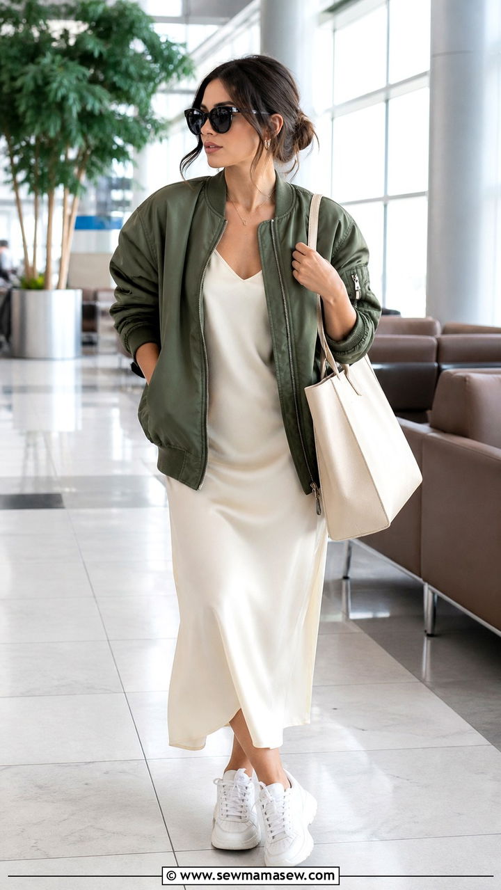 Satin Slip Dress With Bomber Jacket And Chunky Sneakers - 40 Satin slip dress outfit ideas