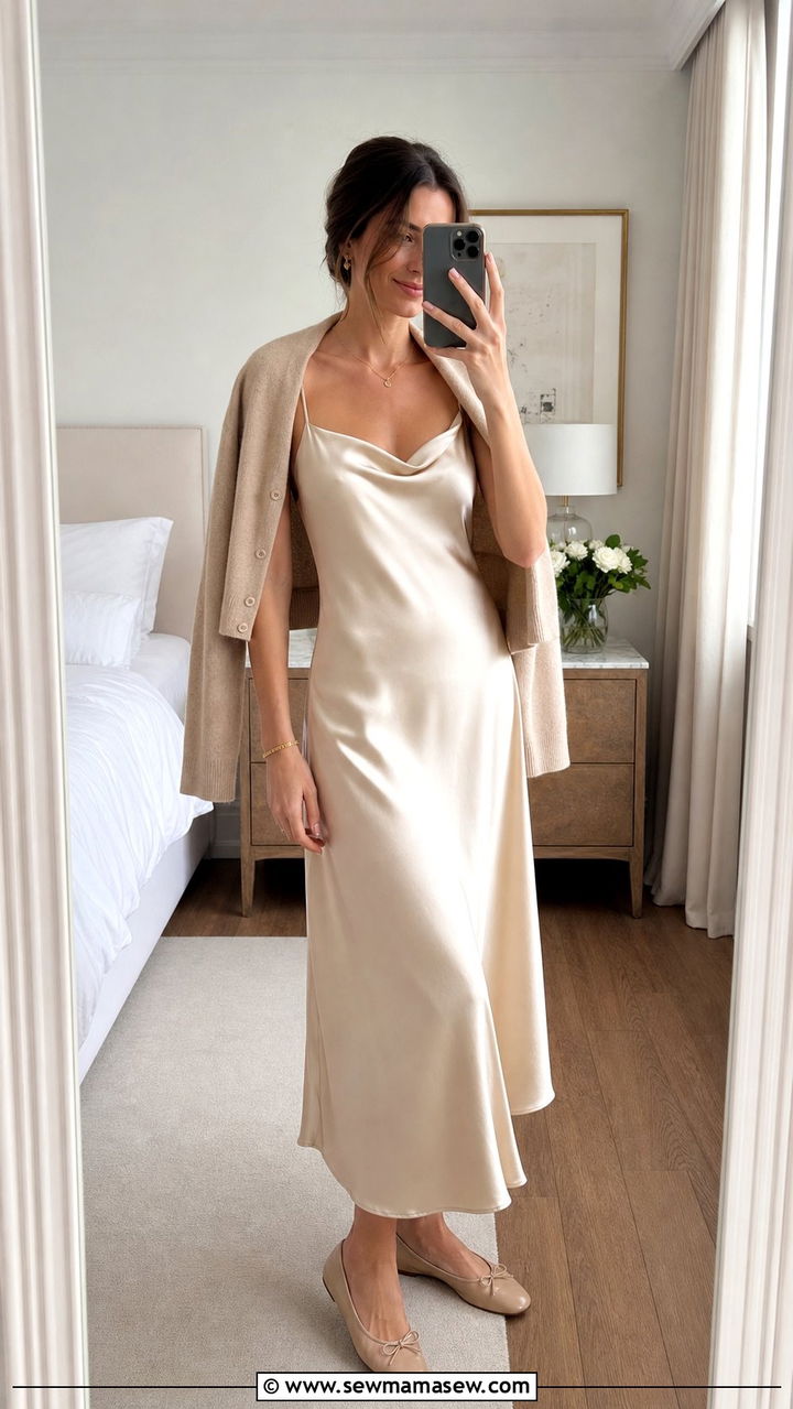 Satin Slip Dress With Cashmere Cardigan Outfit - 35 Balletcore spring outfits