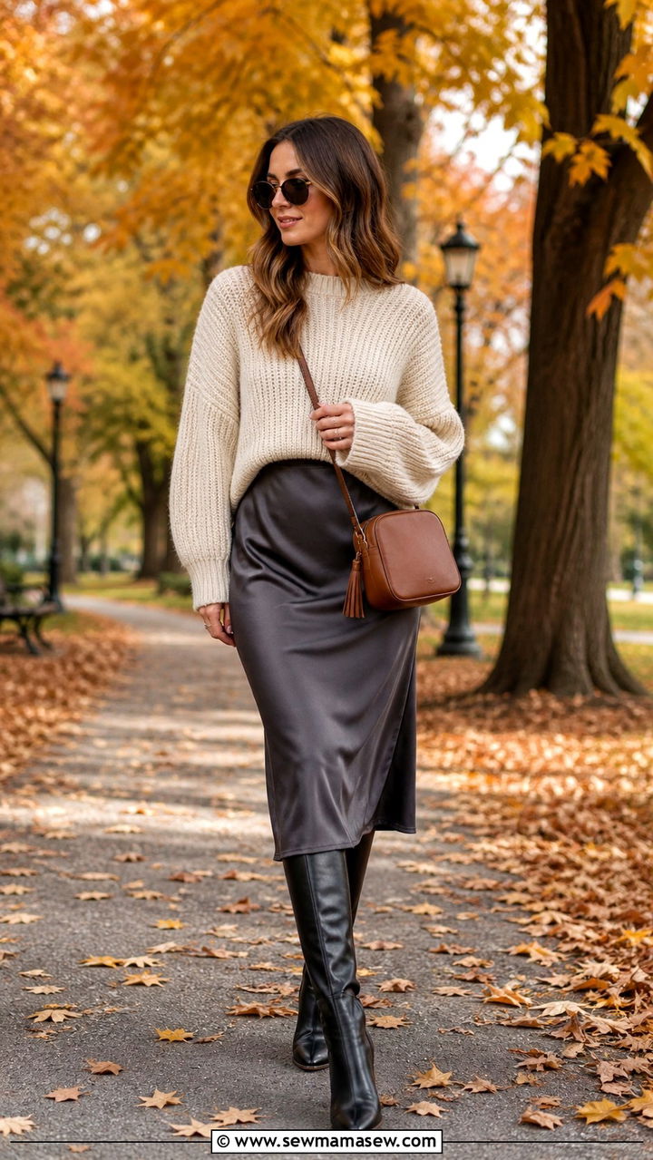 Satin Slip Dress With Chunky Knit Sweater And Knee High Boots - 40 Satin slip dress outfit ideas